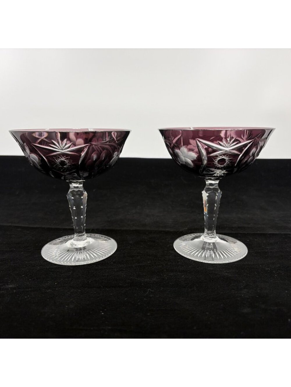 Vintage Ajka Marsala Amethyst Cut to Clear Sherbet Champagne Coupe Set of 2 4.75